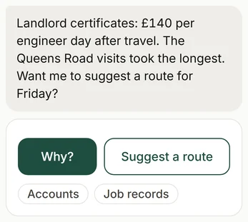 The answer about landlord certificates and the Queens Road visits, with Why? and Suggest a route.